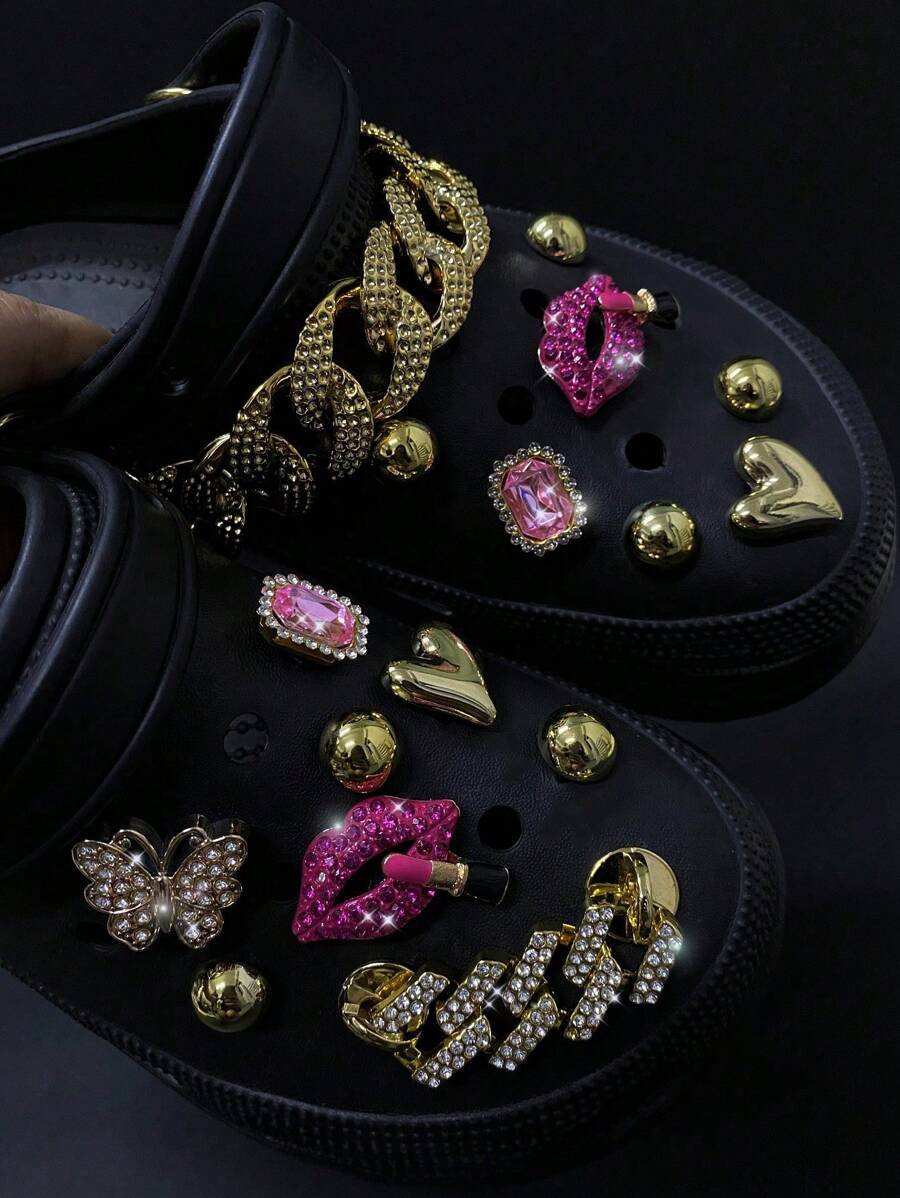 16pcs Detachable Metal Rhinestone Lip & Lipstick, ABS Flower Shoe Charms Decoration Clips, For Clogs, Sandals, Suitable For Shoes Accessories
