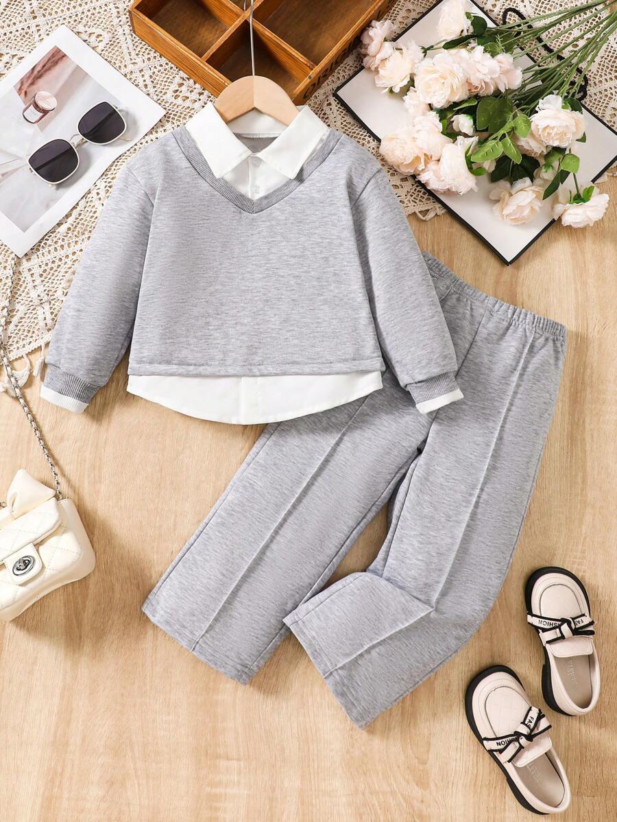 2 peças/conjunto de menina jovem cor sólida 2 em 1 conjunto casual top e calças, outono
