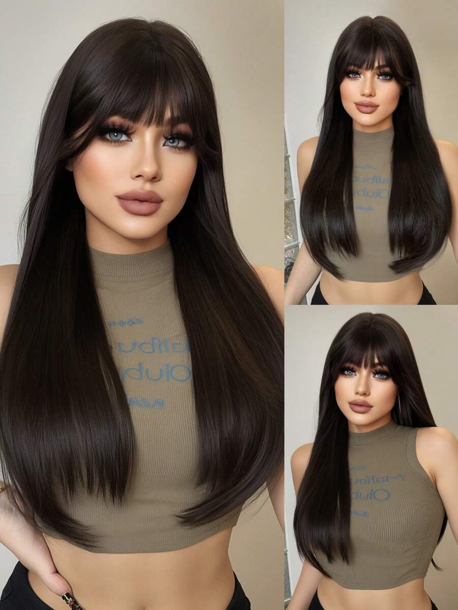 1-Piece Synthetic Heat Resistant Straight Hair Bangs Wig Brown 26 Inches Full Machine Weave Daily Natural Realistic Wig