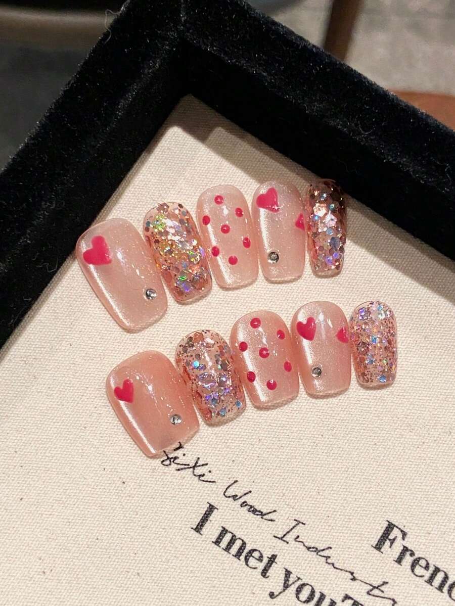 Handmade Press On Nails Cute Pink Heart & Polka Dot Cartoon Cat Eye Nail Art Wearable Nail Fake Nails(XS,S,M,L) Suitable For Women And Girls