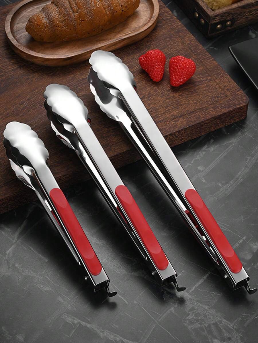 Stainless Steel Fried Food Tongs With Red Handle, Bread Clamp, Barbecue Steak Tongs, Baking Clip For Parties, Home, Restaurant, Outdoor Camping, Grilling