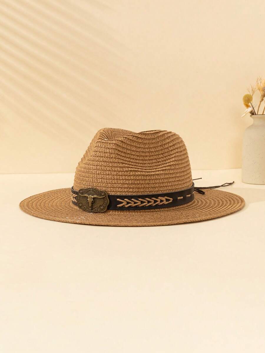 1pc Unisex Straw Hat With Detachable Faux Leather Details, Retro Fashion Accessory Suitable For Daily Outings, Outdoor Leisure, Sun Protection, Holiday Gifts, Party Wear