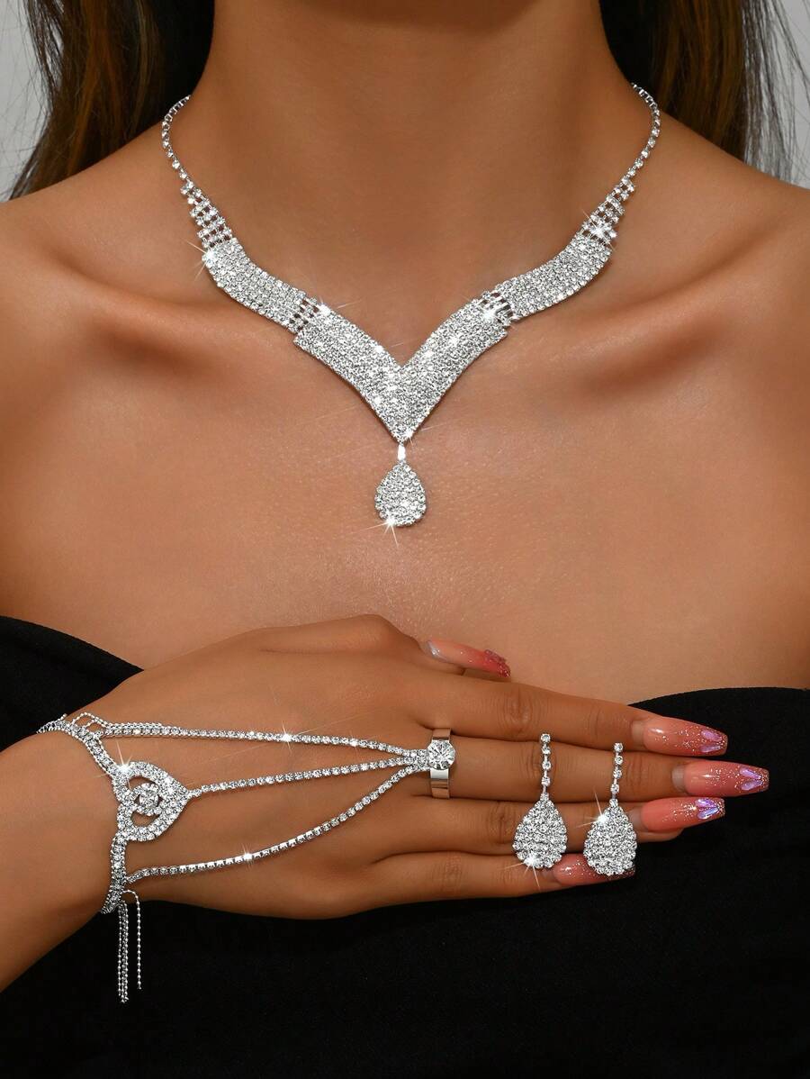 1 Set modischer vollständig mit Strass besetzter minimalistischer, vielseitiger Hochzeits- und Abendschmuck-Set bestehend aus Halskette, Ohrrringen, Handkette/Ring, geeignet für Damen Bälle, Partys, Thanksgiving, Halloween, als Geschenk