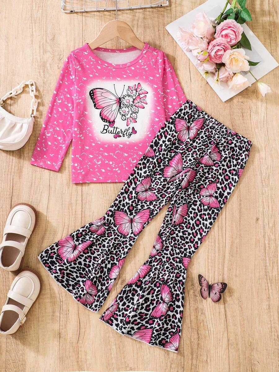 Set di top a maniche lunghe con stampa farfalla e pantaloni a zampa di leopardo per ragazze giovani, morbido e confortevole tessuto, adatto per primavera e autunno