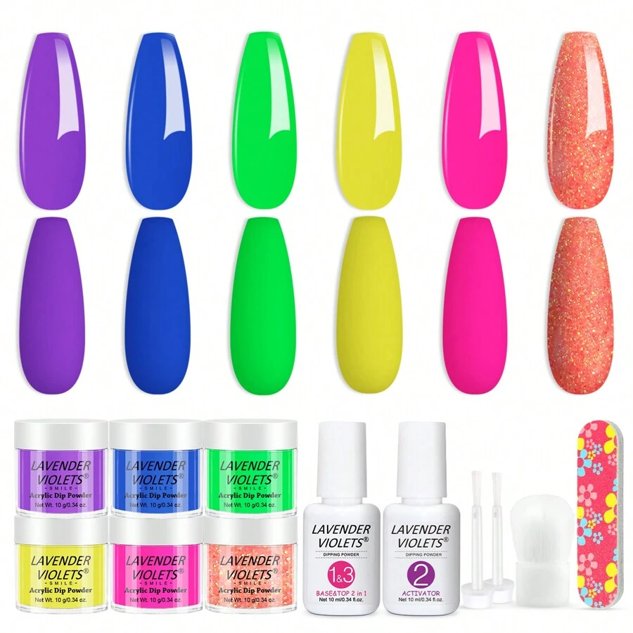 Lavender Violets® 6 couleurs système de poudre de trempage néon couleur chaude français Nail Art manucure poudre de trempage poudre à ongles 2 en 1 base et couche de finition activateur lime à ongles M205
