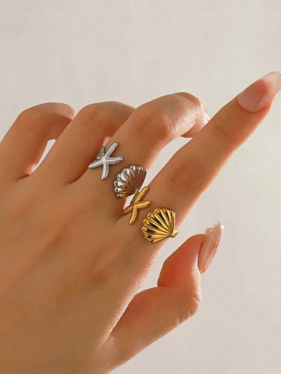 1pc Fashionable Oil Pressure Style Gold-Plated Stainless Steel Starfish & Seashell Design Adjustable Ring, Suitable For Daily Wear And Beach Jewelry Gifts For Women