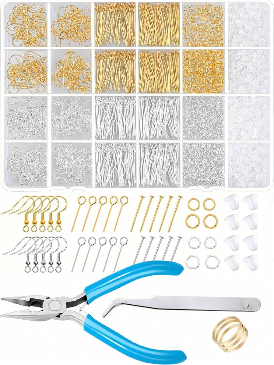 2000 pièces/set Kit d'accessoires de fabrication de boucles d'oreilles, comprenant des crochets d'oreilles hypoallergéniques, des supports, des dos, des anneaux ouverts, convenant pour la création de bijoux, bracelets, colliers et breloques de téléphone