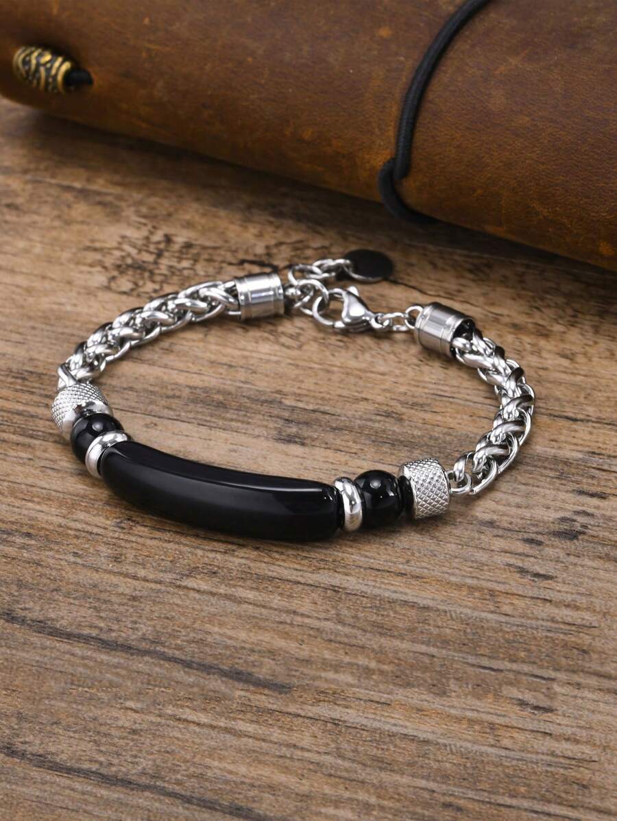 1pc Fashionable Vintage Stainless Steel Chain & Brown Tiger Eye Stone Men's Bracelet, For Dating