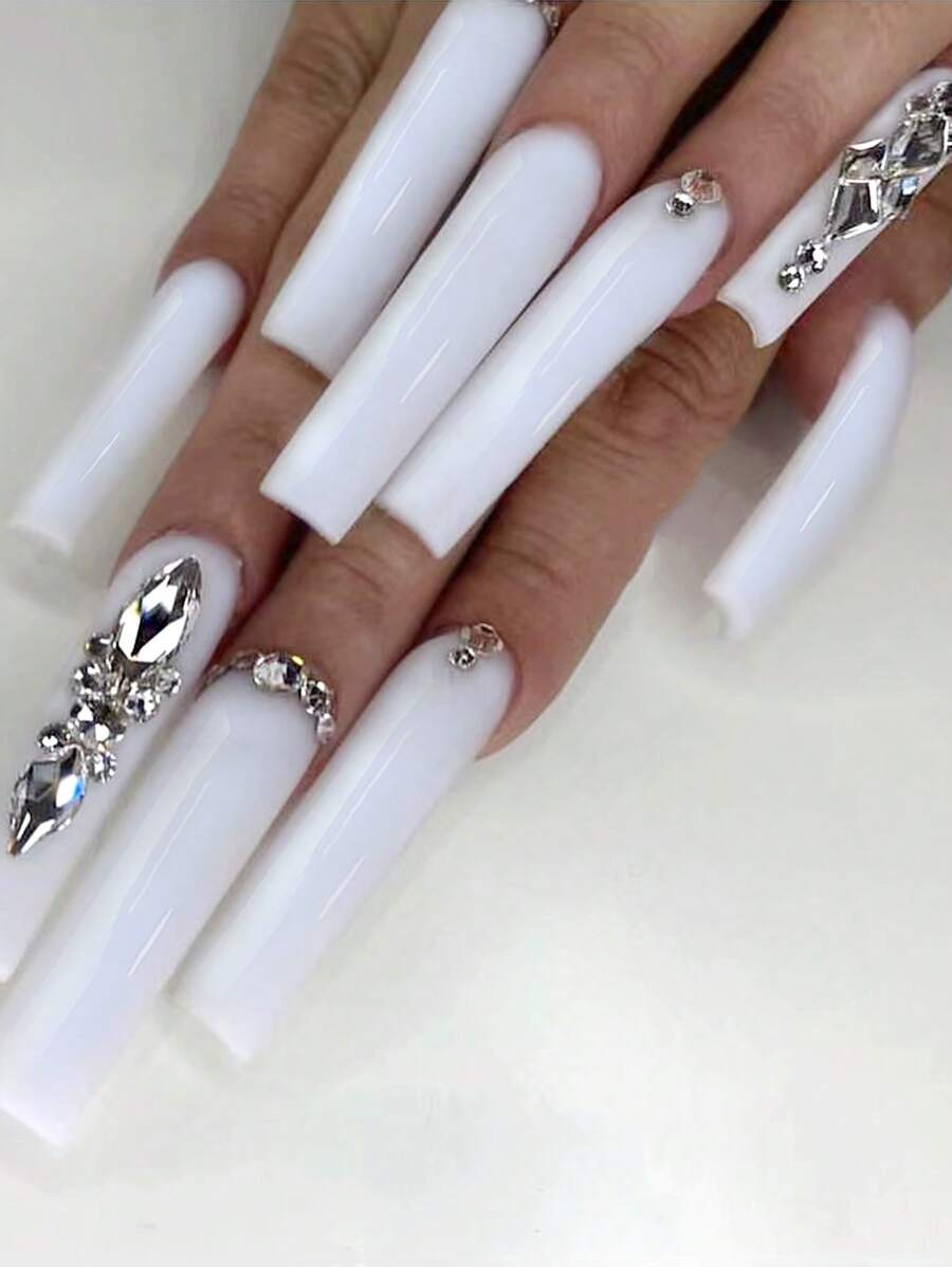 Instantly Upgrade Your Look With 24 Pcs Long Square Press On Nails Autumn And Winter New Bright Rhinestone White Moonlight White Shaped Rhinestone Rich Family Daughter Fell Into The Stars, Wedding, Banquet, Party Necessary Fake Nails With Jelly Glue 1 Piece And File Strip 1 Nail Supplies