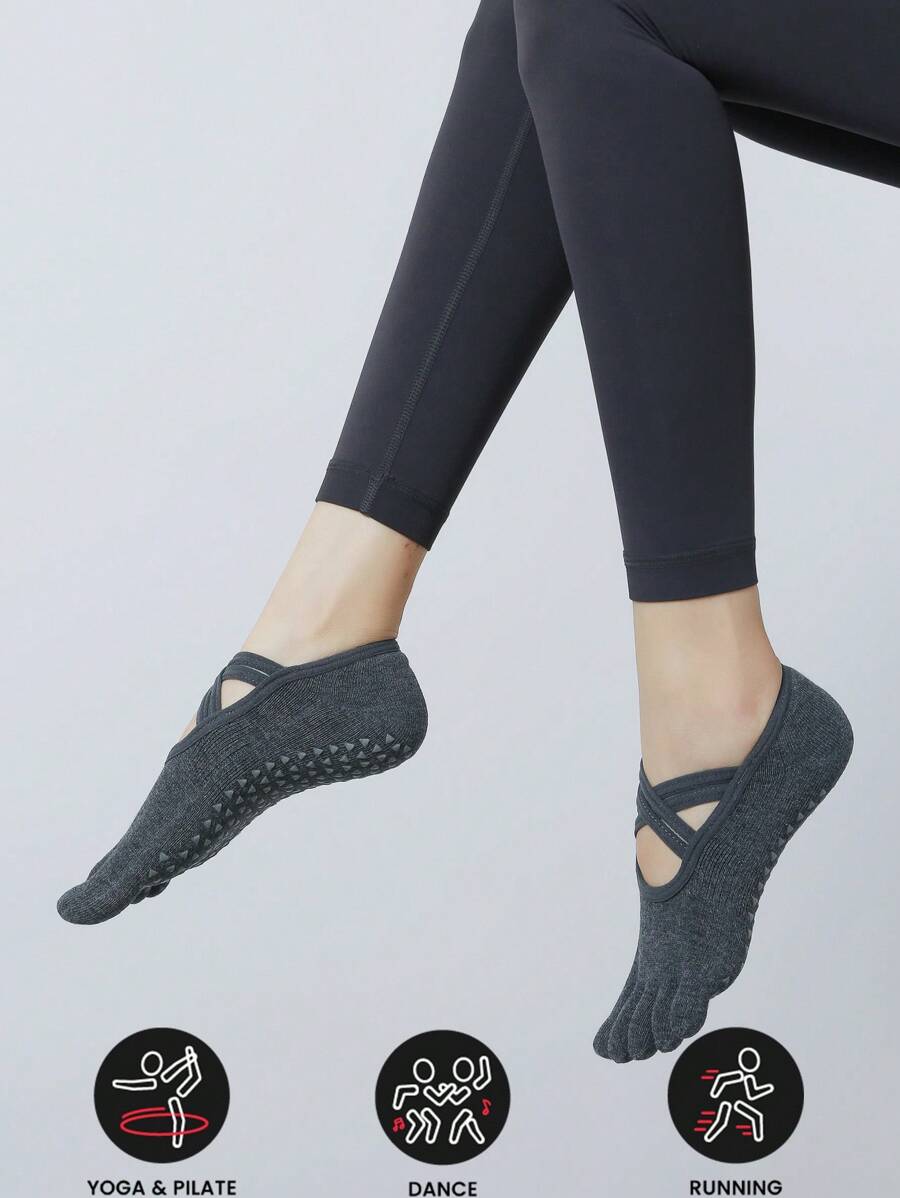 Sports Outdoor 1pair 5 Toe Cross Strap Anti-Slip Yoga Socks For Indoor Pilates, Jumping Exercises, Jump Ropes, Motion Floors