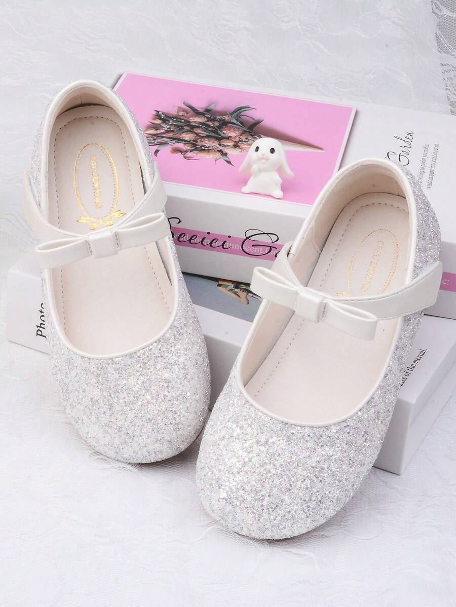 Sapatos de Princesa Infantil, Sapatos Planos de Sola Macia para Meninas com Laço e Decoração Brilhante, Sapatos Elegantes para Festa