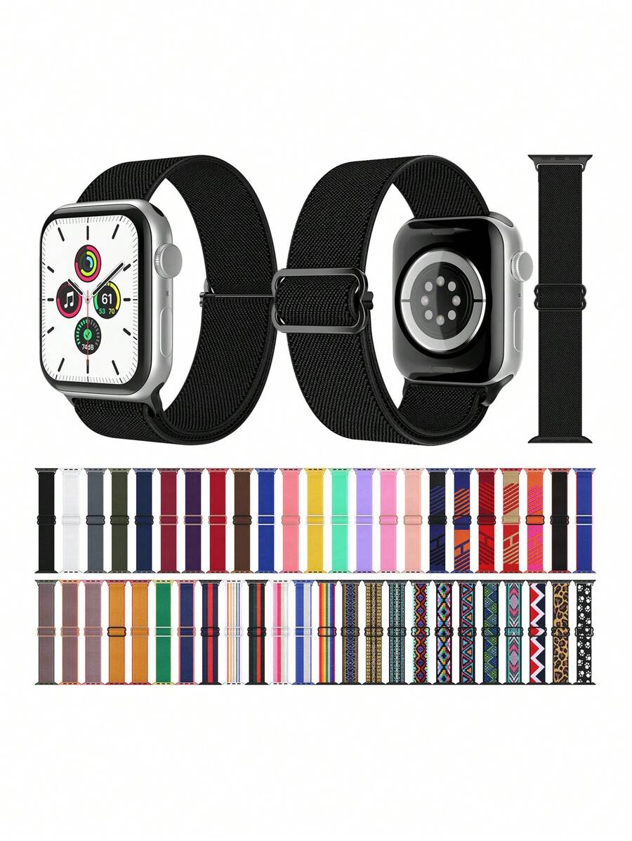 1pc Nylon Watch Band Fit For 38/40/41/42/44/45/49mm Apple Watch SE/Series 9/8/7/6/5/4/3/2/1/Ultra 2, Elastic Rope, Canvas Strap, Rainbow, Bohemian, Leopard Print, Animal Footprint Design