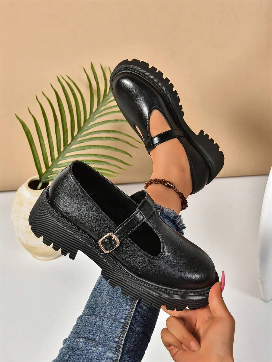 Women's Solid Color Fashion Slip-On Metal Buckle Decor Thick Sole Shoes, Classic Black Daily Wear Loafers, College Style
