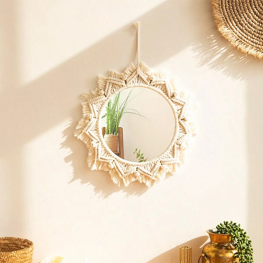 1pc Exquisite Bohemian Round Hanging Wall Mirror With Macrame Fringe - Adds Boho Chic Touch To Bedroom, Living Room - Aesthetic Glass Home Decor For Modern Space
