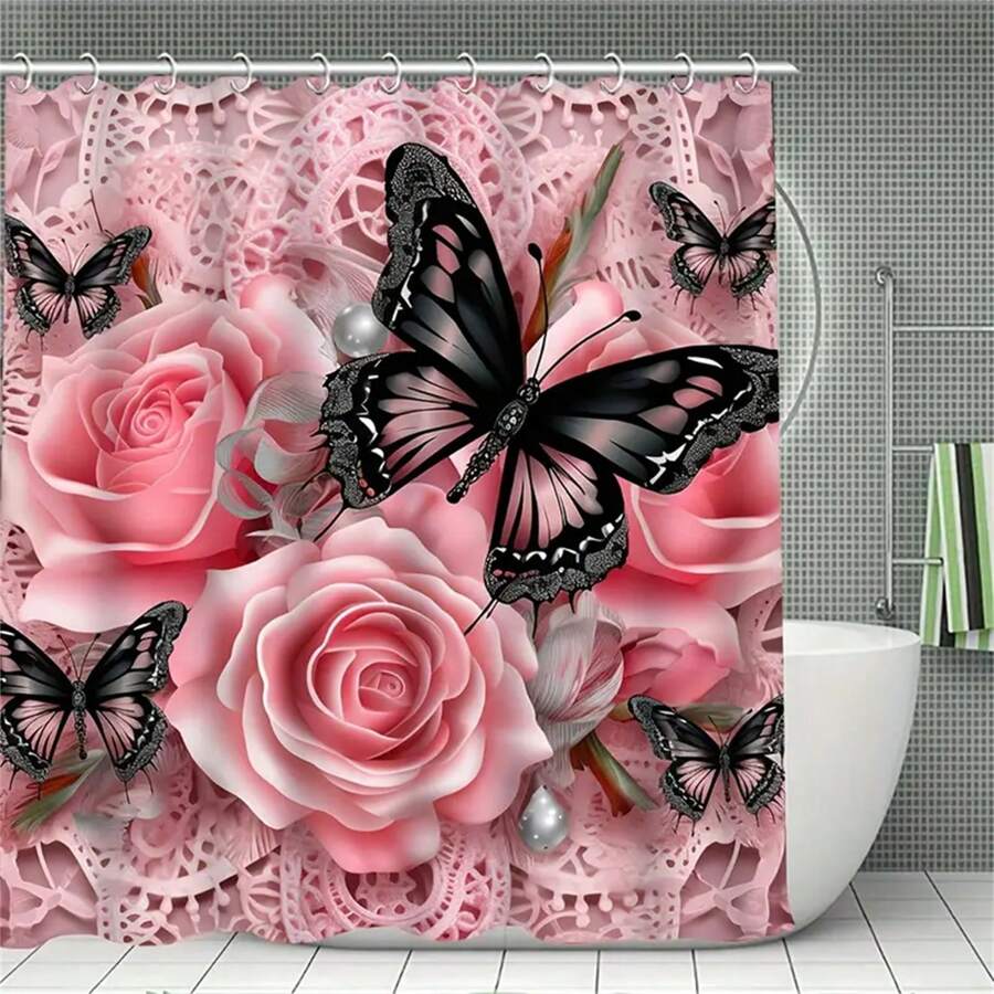 Elegant Butterfly And Rose Shower Curtain And 12 Plastic Hooks - Perfect For Home Decor Home Bathroom Decor Fall Decor Bathroom Accessories Back To School