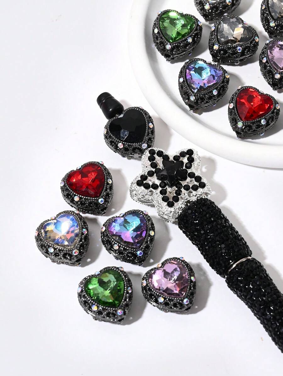 1/5pcs Multicolor Metal Rhinestone Gem Heart Shaped Hollow DIY Beads, Suitable For Family, Couple, Friend Handmade Jewelry, Pendant, Necklace, Earrings, Keychain, Phone Charm, Decorative Gift Valentines