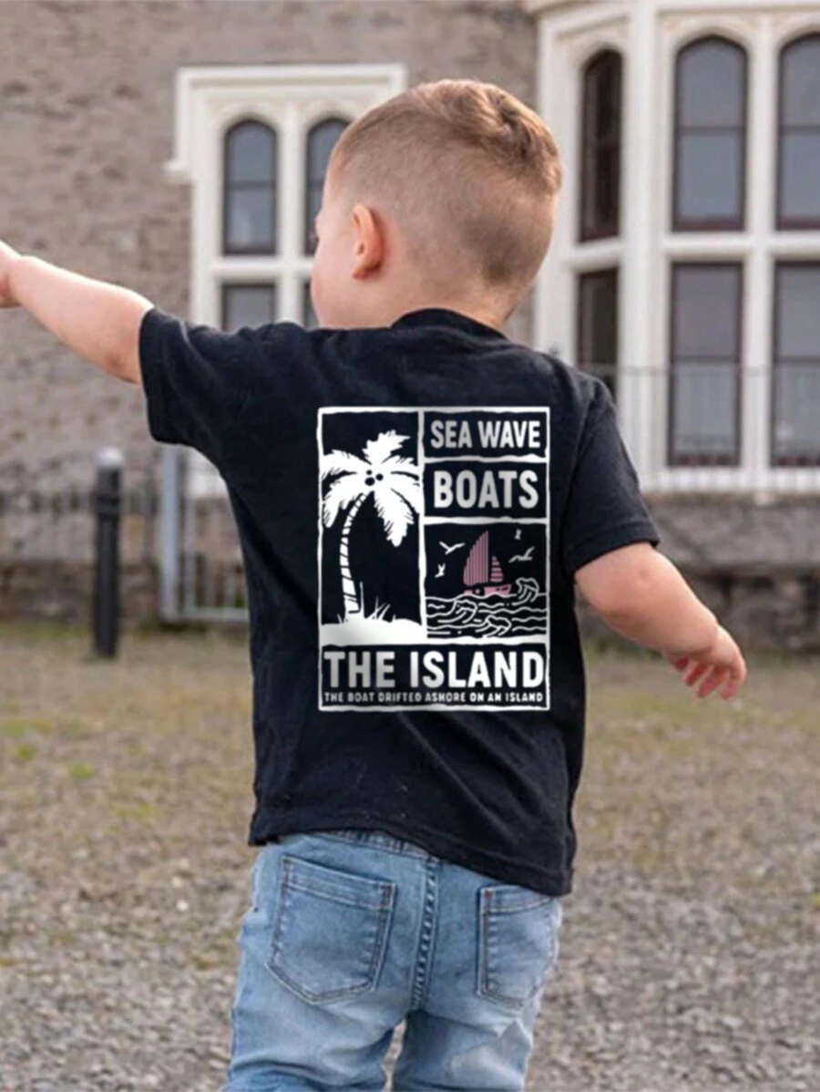 1pc Young Boy Casual Sailing & Palm Tree Print Crew Neck Short Sleeve T-Shirt, Summer Student Wear - The Creative Artistic Pattern Inspired Imagination And Self-Expression