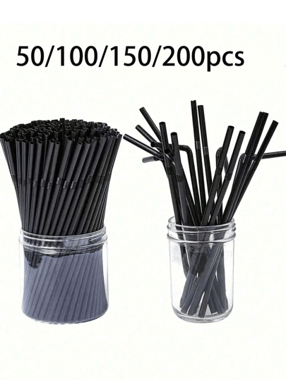 50/100/150/200pcs Black Flexible Plastic Straws, Bendy Party Fancy Straws,  Plastic Drinking Straws, Coffee And Cocktail Stirrers, Drink Accessories, For Milkshakes, Smoothies, Boba, Bubble Tea, Ice Coffee, Perfect For Home Camping Picnic Party, Party Supplies