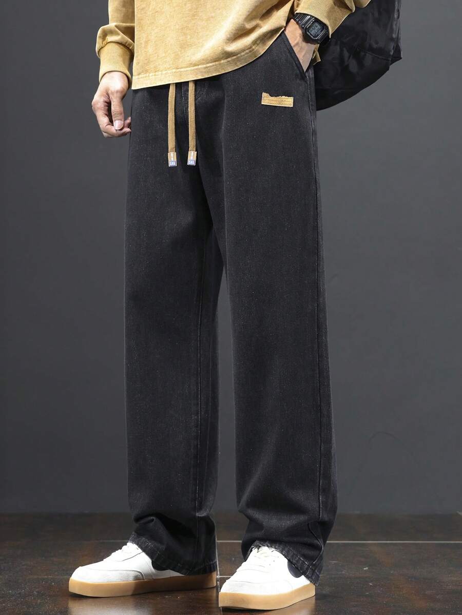 Men's Drawstring Elastic Waist Washed Daily Matching Loose Straight Baggy Jeans