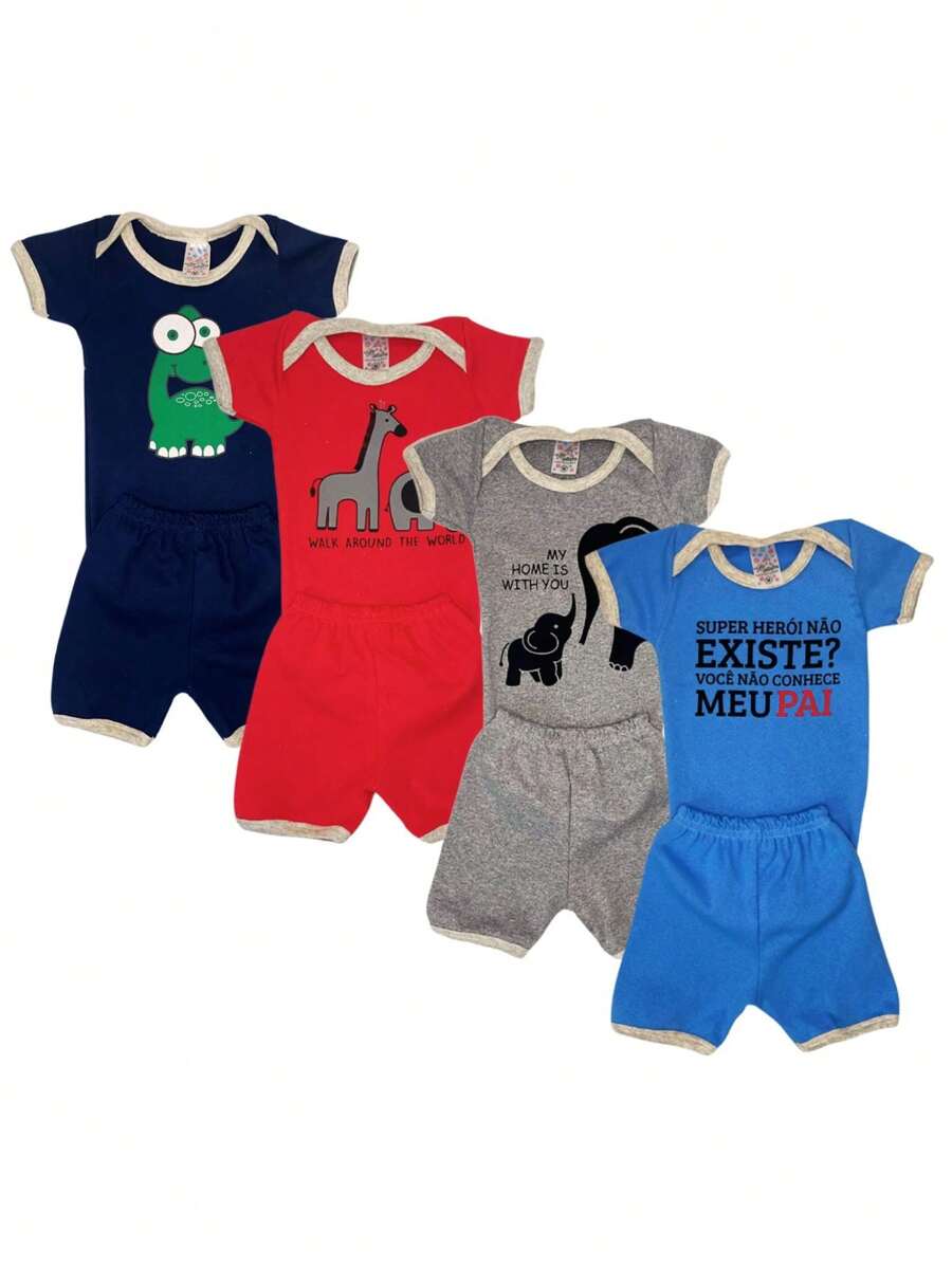 Kit 2 Peças Body Bebe Malha M/curta Estampado 100% Algodão Menino Menina