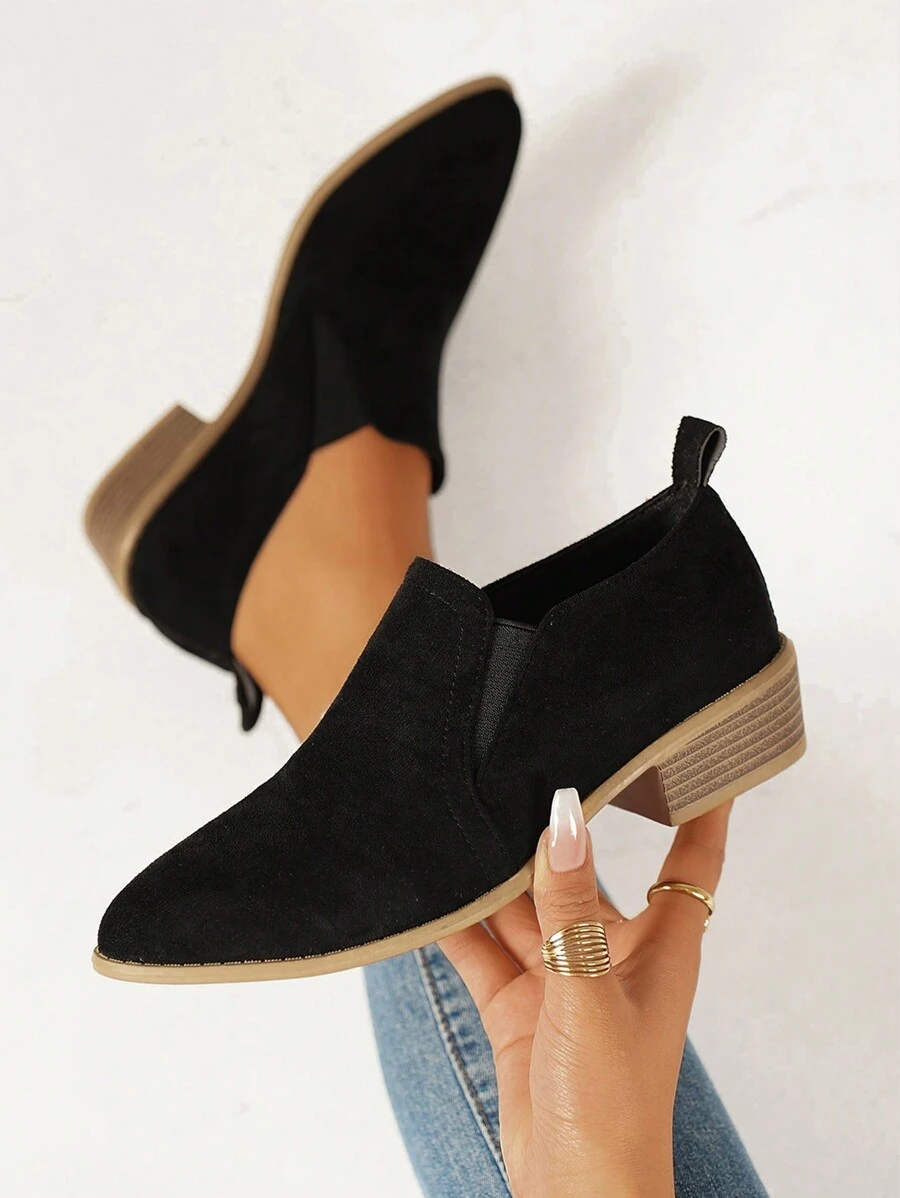 Women's Black Suede Ankle Boots, Pointed Toe, Block Heel, Slip-On, Non-Slip, Versatile For Party & Daily Wear, Fall/Winter Fashion