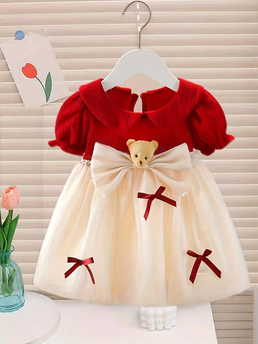 Baby Girl's Stylish Colorblock Bow Decor Peter Pan Collar Bubble Short Sleeve Dress, Summer