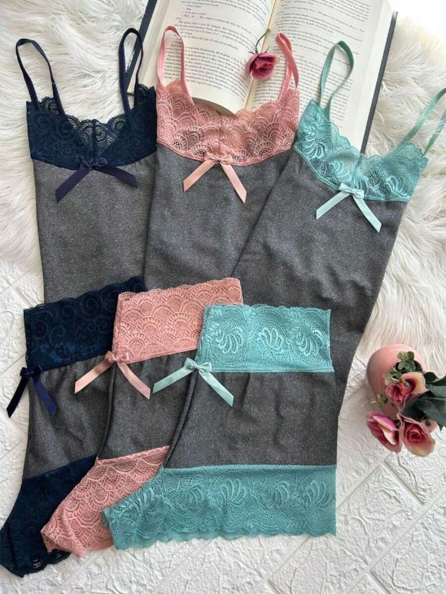 Kit 3 Pijama Feminino Short Baby Doll Renda Short Lingerie Camisete Bicolor Moda