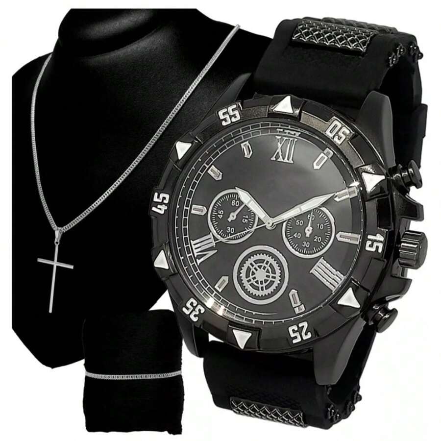 Conjunto Relogio Masculino Aço Inoxidável Pulseira de Silicone + Cordão Pulseira e Pingente