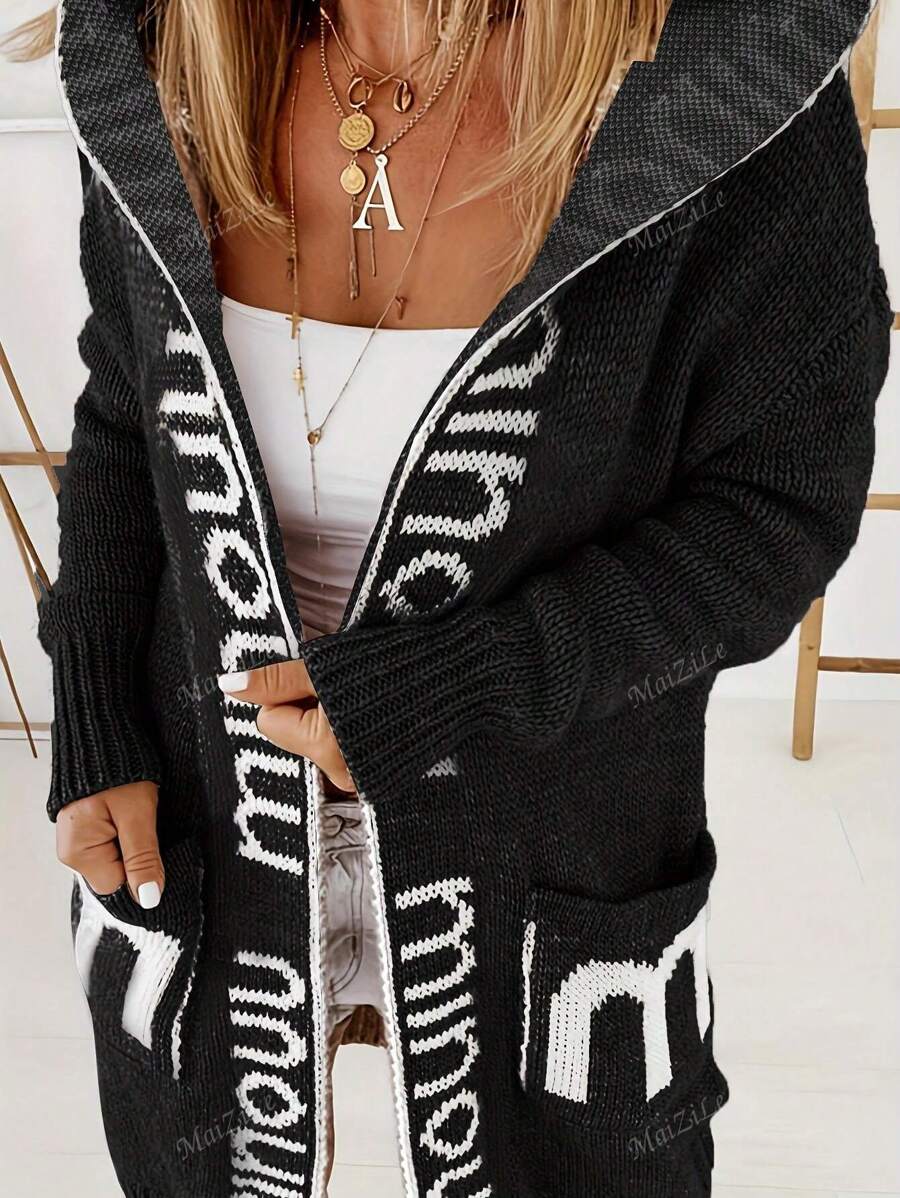 1pc Women's Letter Hoodie Casual Simple Daily Soft Knit Warm Cardigan Long Sleeve