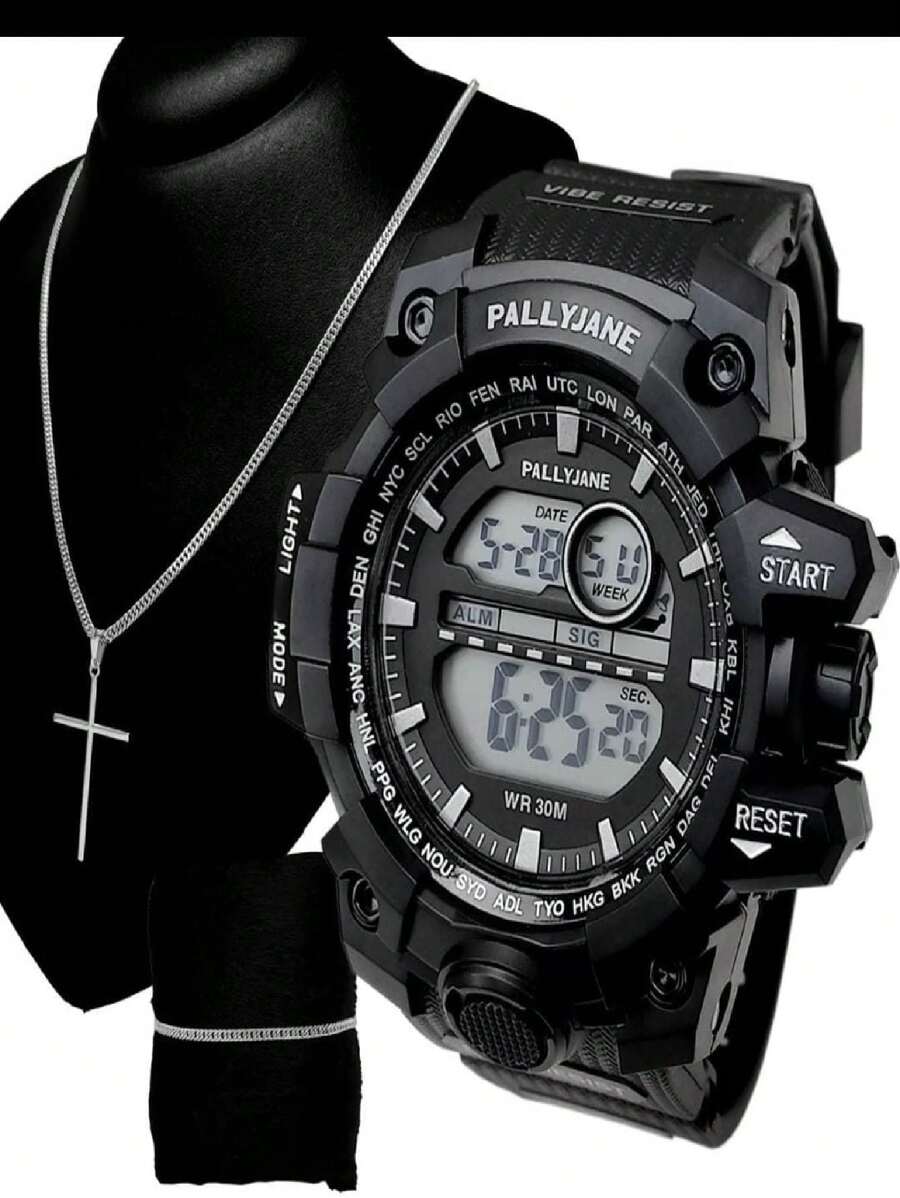 Kit Relógio Masculino Digital a Prova D'Água Colar Pulseira e Pingente Prata