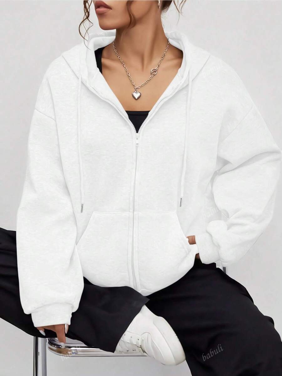 Casual Loose Zip Up Dropped Shoulder Drawstring Lined Hoodie Sweatshirt For Women