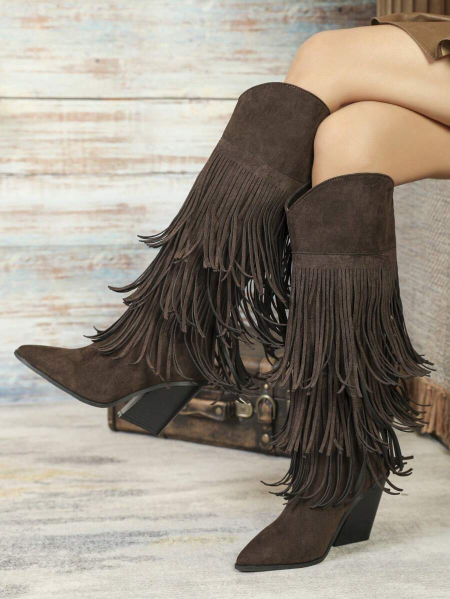 Women Brown Knee-High Geometric Fringed Decor Side Zip Faux Suede Chunky Heel Boots, Wooden Grain High-Heel Pointed Toe Comfy Western Cowgirl Boots