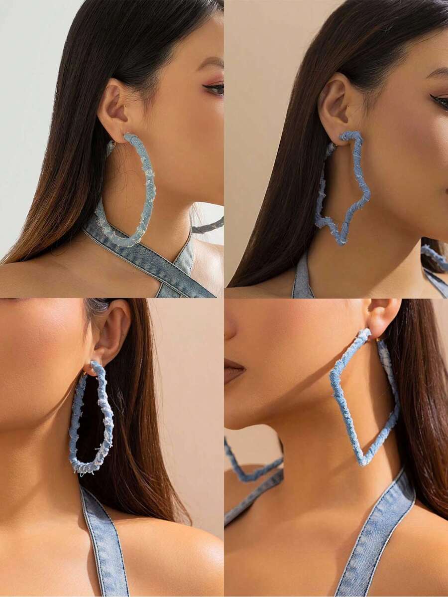 1 Pair Retro Exaggerated Denim Effect Geo-Shape (Heart, Star, Square, Circle) Wrapped Fabric Earrings Suitable For Women's Daily, Party, Date, Gathering Occasions Valentines,Mom,Mother,Mother's Day,Gift