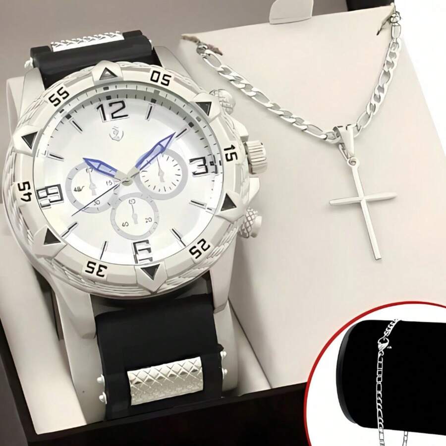 Conjunto Relogio Masculino Aço Inoxidável Pulseira de Silicone + Cordão Pulseira e Pingente