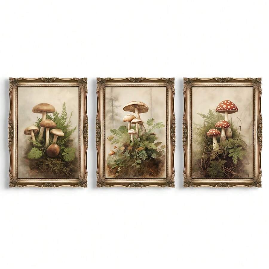 Set de 3 obras de arte de lienzo botánico vintage con setas - Sin marco, impresiones de alta calidad para decoración de sala de estar, dormitorio, cocina y oficina - Regalo de ideas de decoración de setas, decoración del hogar con setas, regalos de pósteres para cumpleaños y graduación