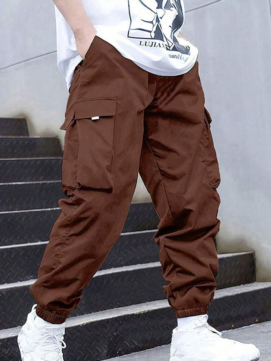 1pc Tween Boy Casual Exercise Outdoor Cargo Pants With Big Pockets & Webbing Trim, Spring & Fall