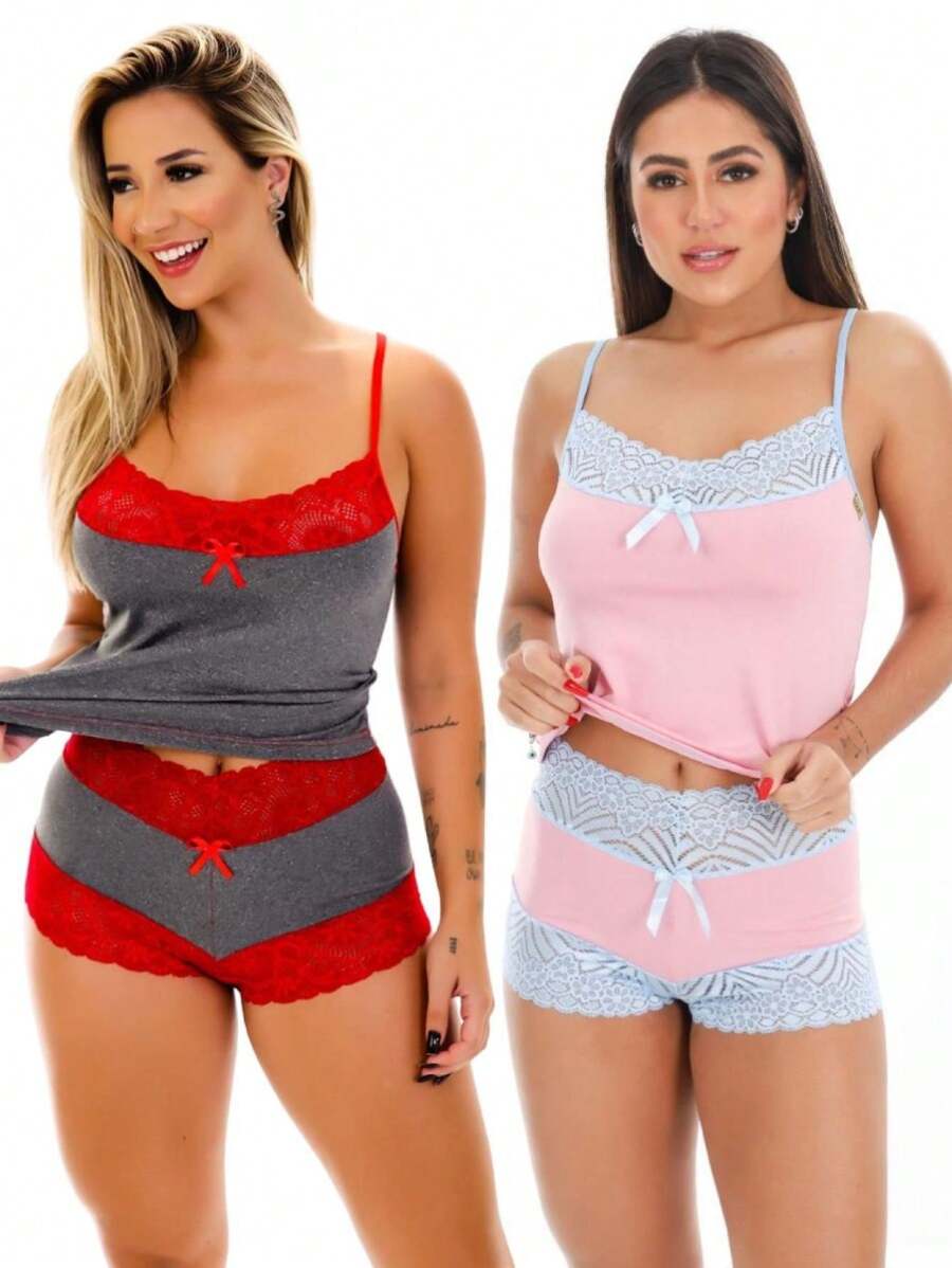 Kit 2 Pijama Feminino Short Baby Doll Renda Short Lingerie Camisete Bicolor Moda