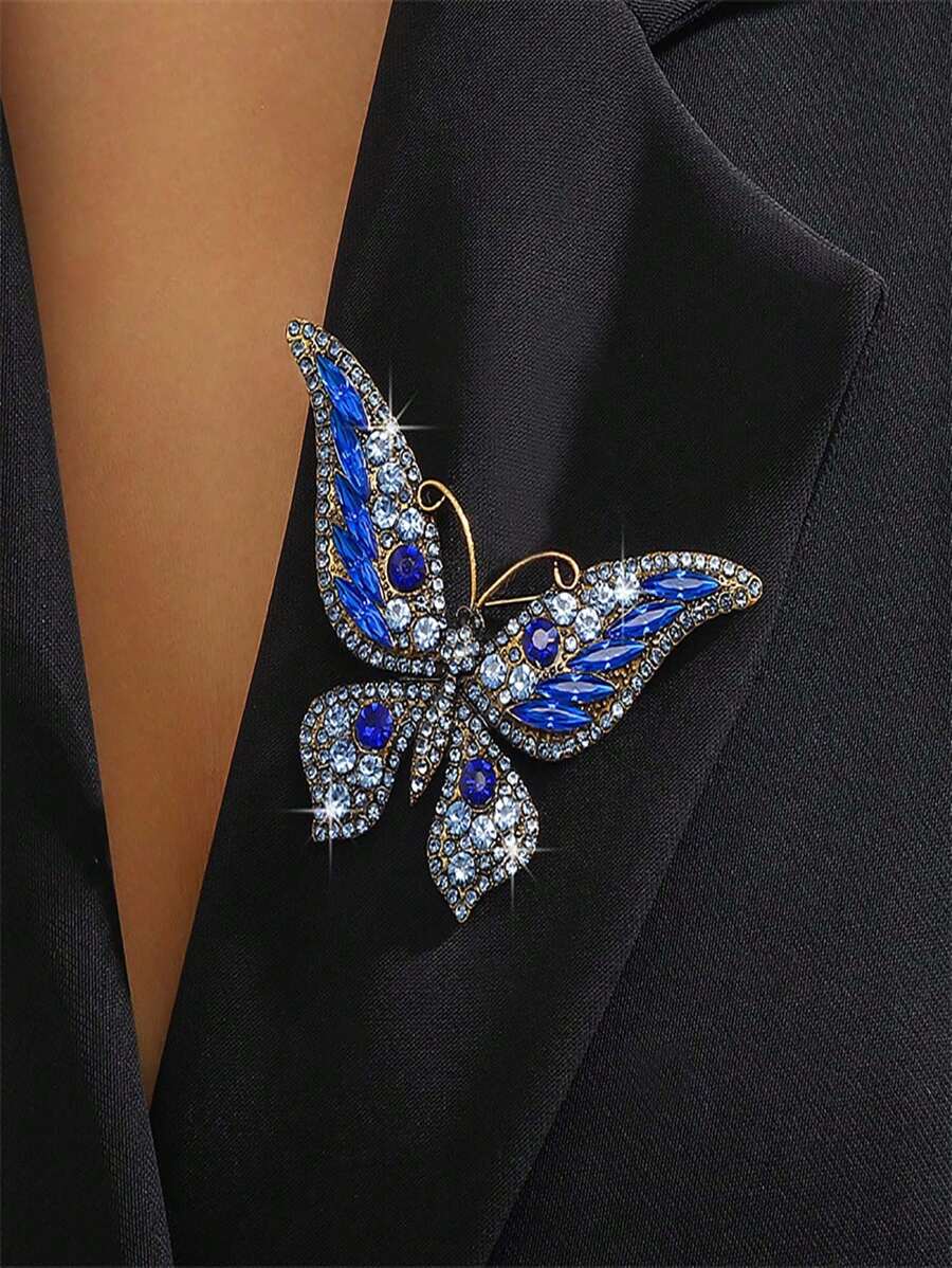 1pc Retro Personalized Full Rhinestone Blue Butterfly Brooch Alloy Crystal Animal Insect Brooch Pin Dress Accessories Pin For Clothes Bag Charm School