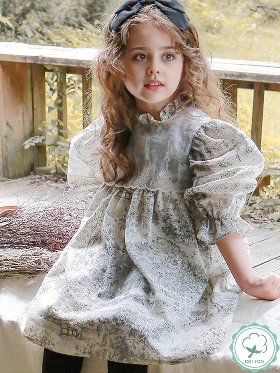 1 pièce Robe à manches longues de princesse avec patchwork de dentelle et motif paysage vintage pour jeune fille, automne