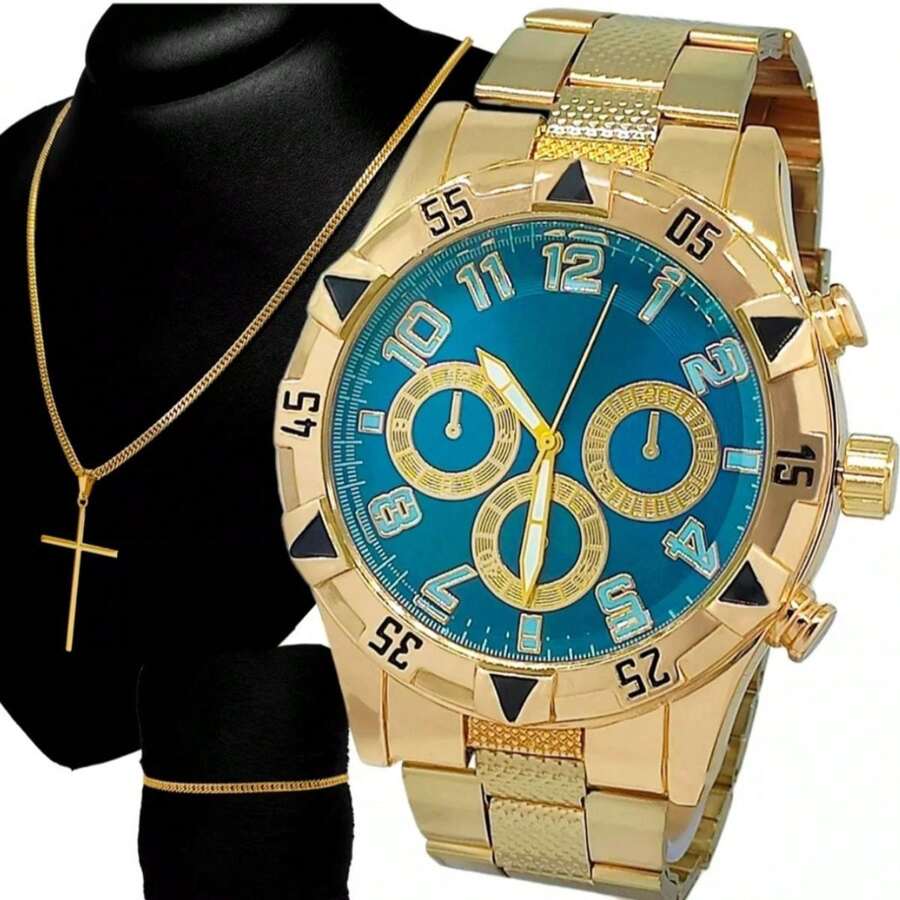 Kit Relogio Masculino Dourado Prata Cordão Pulseira e Pingente em Aço Inoxidável