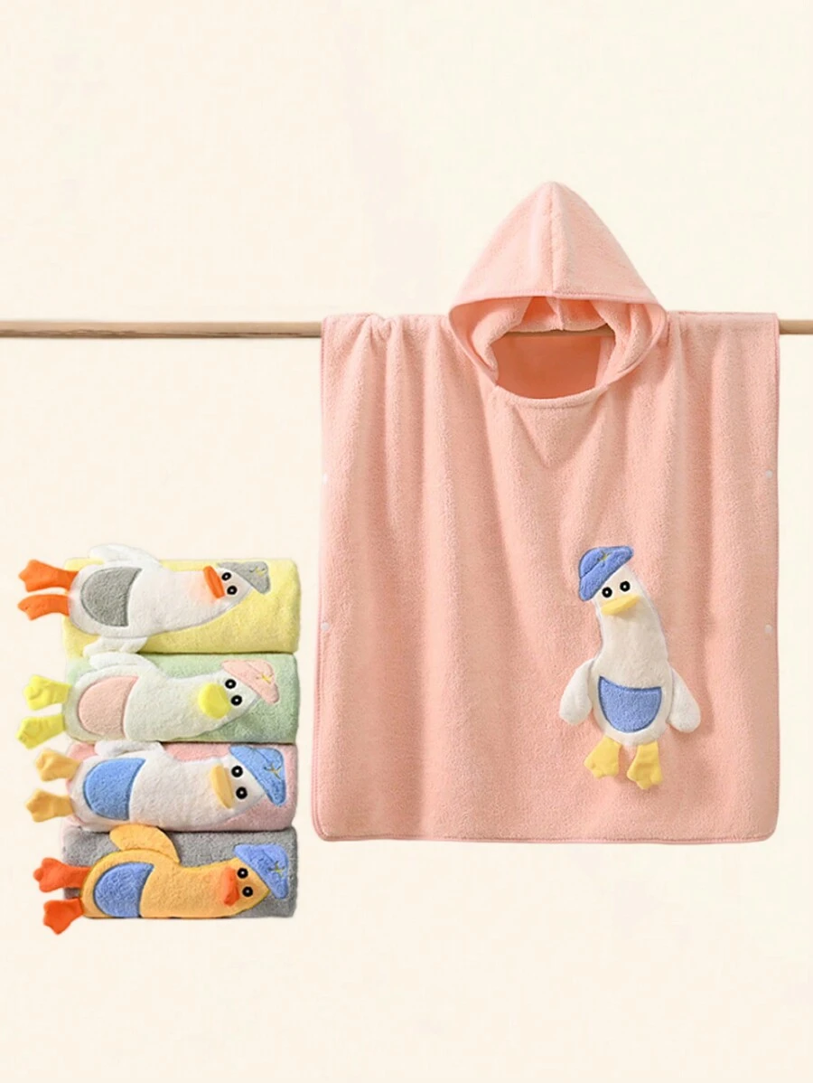 1pc Infant/Toddler Hooded Coral Fleece Bath Towel With Cute 3D Goose Cartoon Decor, All Season