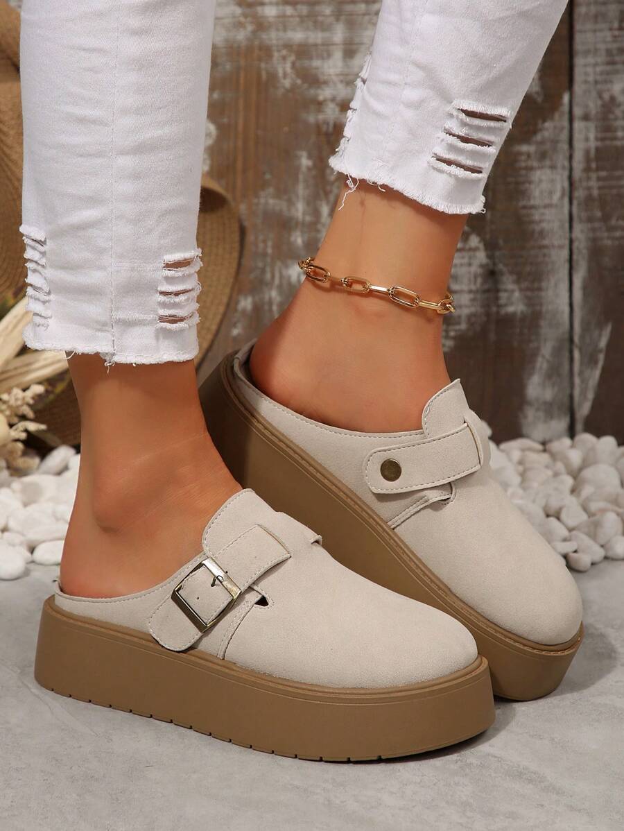 Women's Oversized US Size 5-9 Beige Slip-On Platform Slippers, Thick Sole Comfortable Casual Mule Shoes, Spring & Autumn