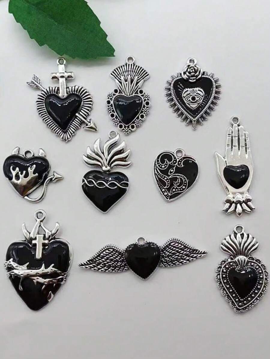 10pcs New Dark Big Heart Enamel Charms Gothic Retro Style Fashion Romantic Pendants For Making Handmade DIY Jewelry Accessories Valentines