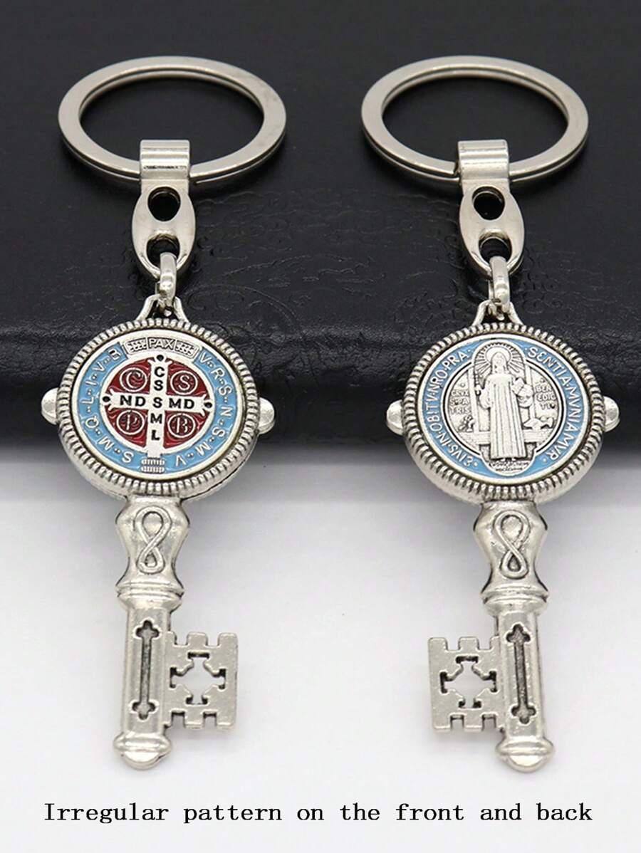 1pc Saint Benedict Medal Keychain, Silver Toned Saint Benedict Jubilee Medal Key Shaped Pendant Key Chain, Fine Detail Great Gift For Family Friend