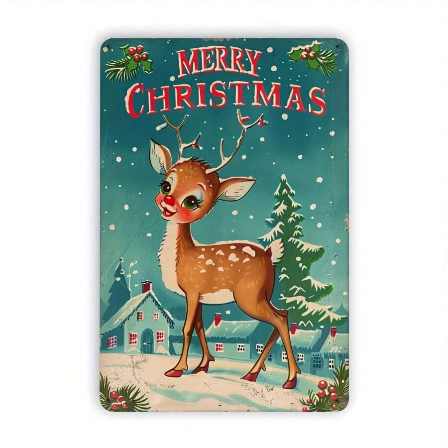 1pc Vintage Deer Metal Tin Sign, Merry Wall Decor, Retro Iron Foil Carving Art For Indoor Outdoor, Home Bedroom Dining Room Bar Cafe School Library Garage - 8x12 Inch, Stickers, Wall Decal, Vinly Decal For Home Decorations, Spring Decoration Items Refresh Your Home, Rama Decoration Stickers