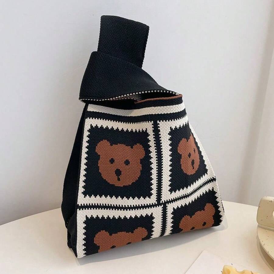 Women's Fashion Knitted Handbag,Coffee Colored Teddy Bear Tote Bags,Daily One Shoulder Handbag, Suitable For Shopping, Tourism, And Travel