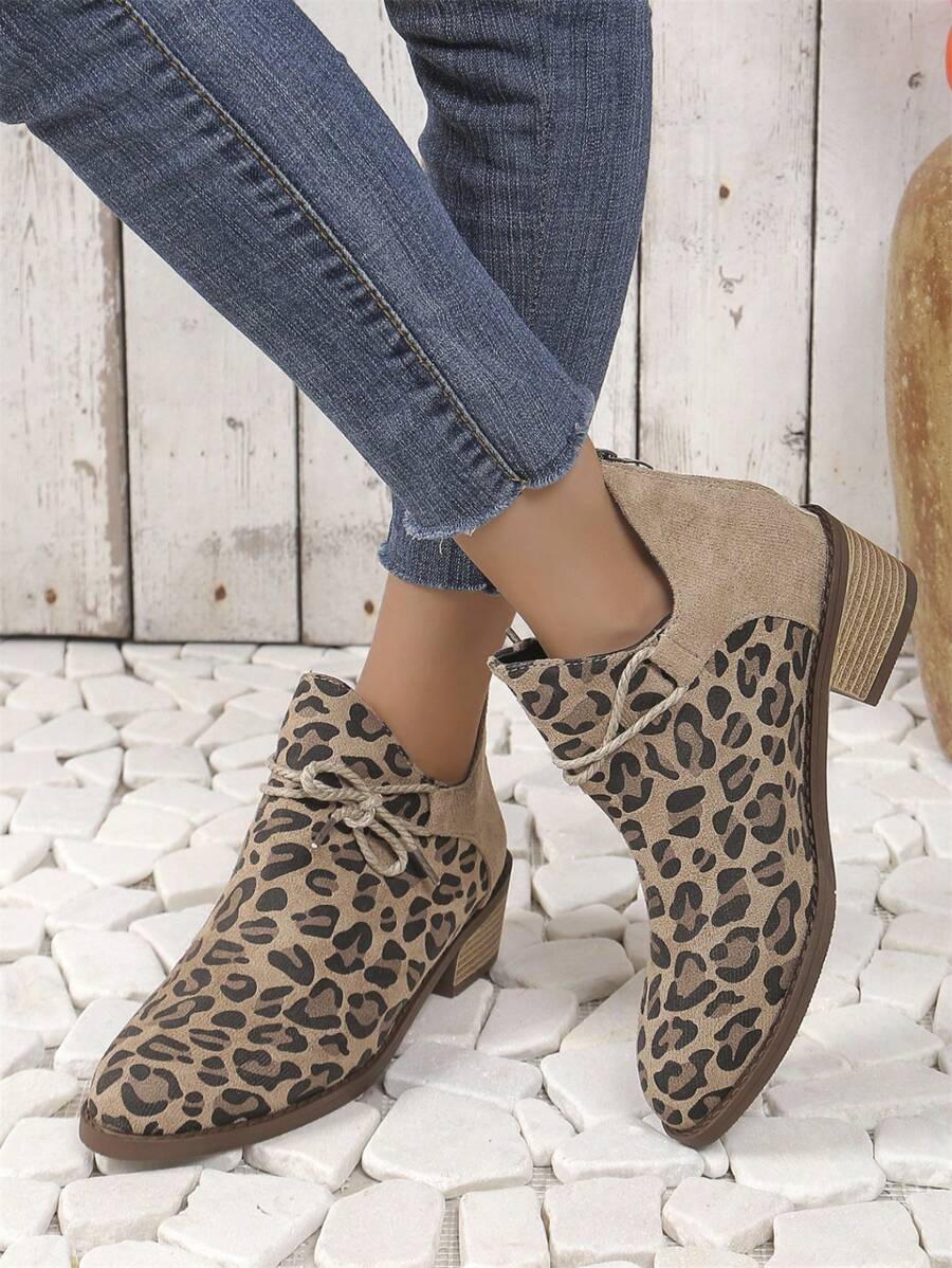 Women Fashion One-Push Lace-Up Decoration Leopard Print Pointed Toe Low Heel Shoes Back Zipper Versatile Comfortable Nude Chelsea Boots, Brown
