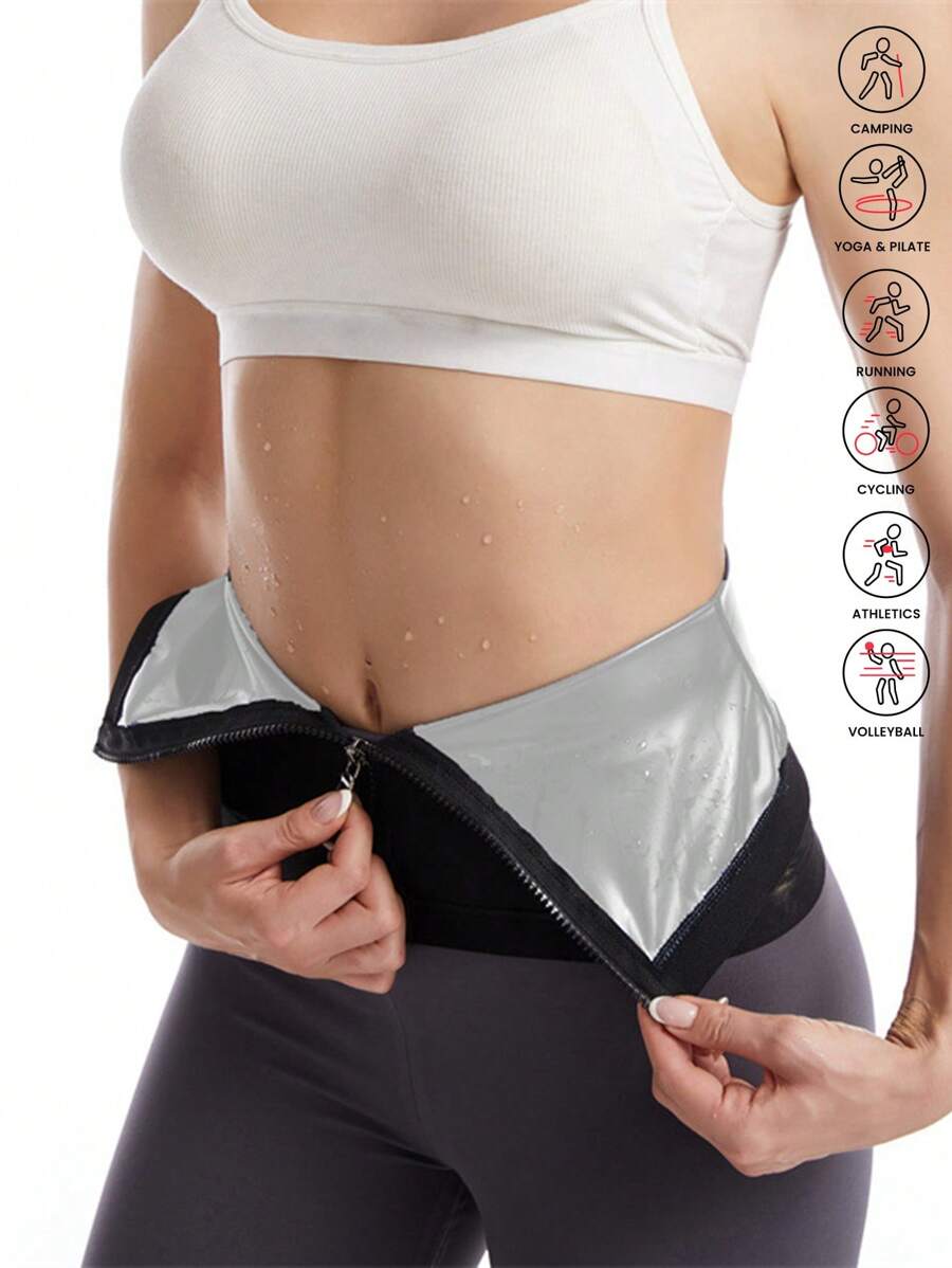 Sports Outdoor 1pc Women's Sports Pu-Coated Sweating Waist Trainer Zipper Belt, Body Shaper Trimmer For Tummy Control & Fat Burning, Corset Ideal For Fitness, Running, Yoga Gym Accessories