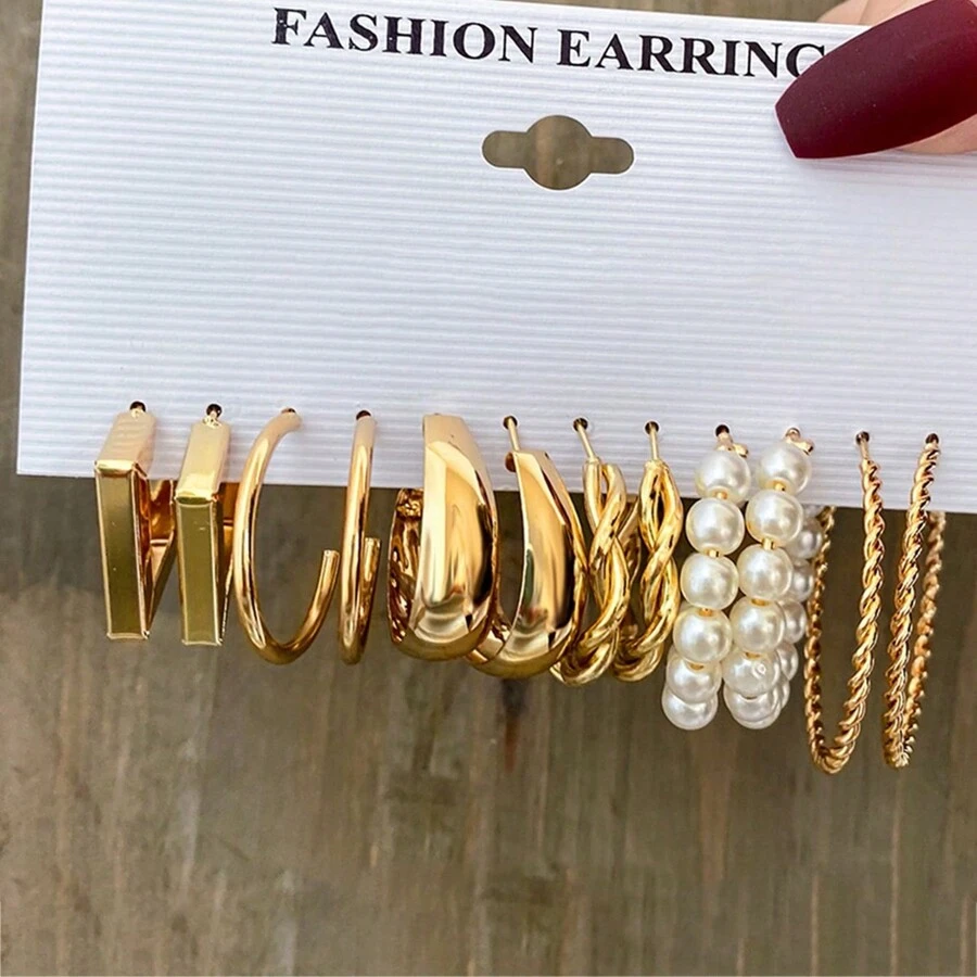 6 peças/conjunto de brincos de argola de metal com pérola falsa, simples e elegantes em forma de C, para mulheres, cor dourada