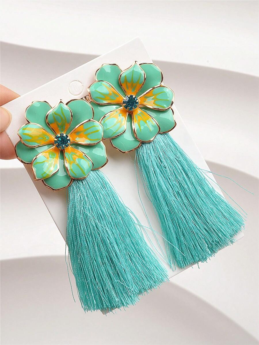 1 par de pendientes vintage de metal con flores de strass y borlas, apropiados para uso diario y vacaciones, San Valentín, mamá, madre, Día de la Madre, regalo